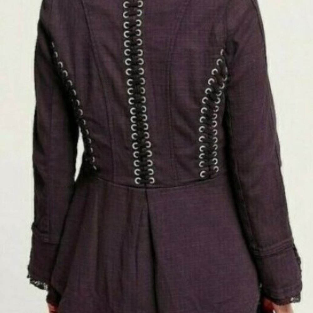 Free People Victorian Lace Up Military Jacket Corset Style Ruffle Plum Steampunk